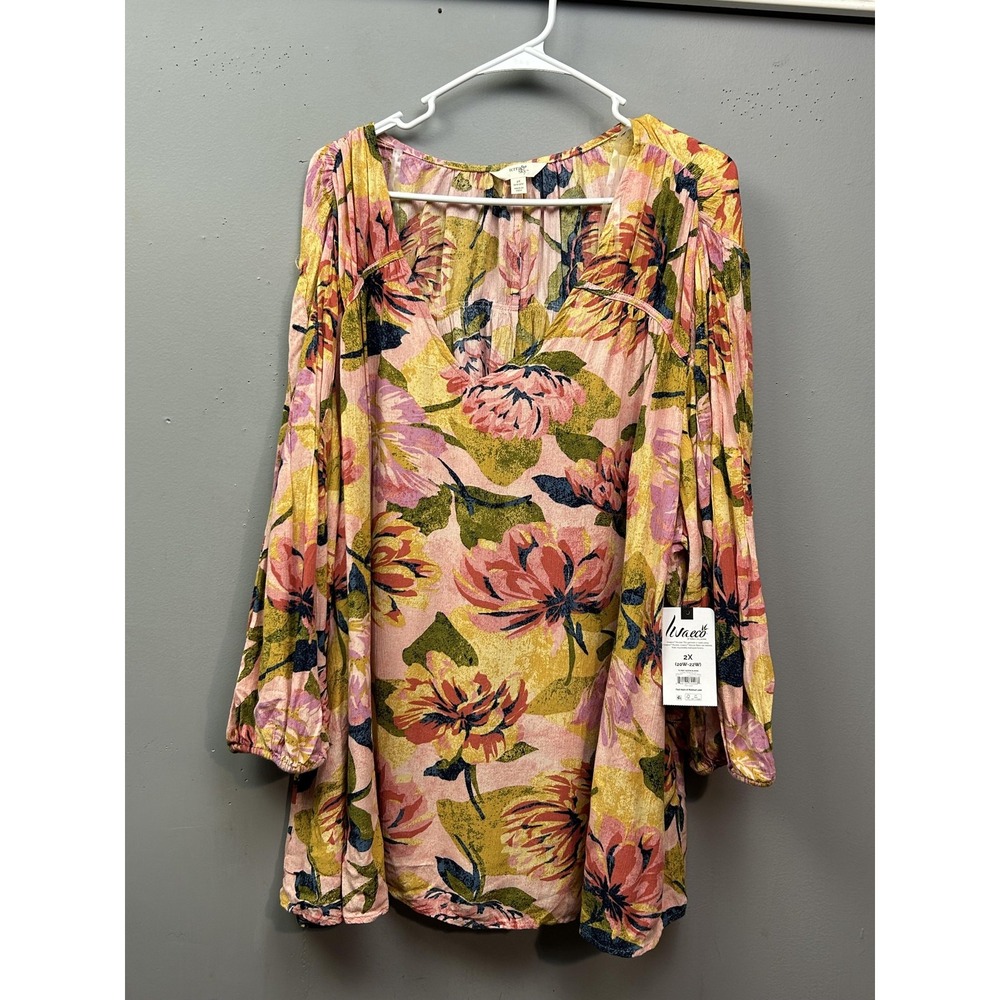Terra & Sky Blouse‎ Womens 4X Floral Pearl Blush TS Poet Sleeve Boho Top